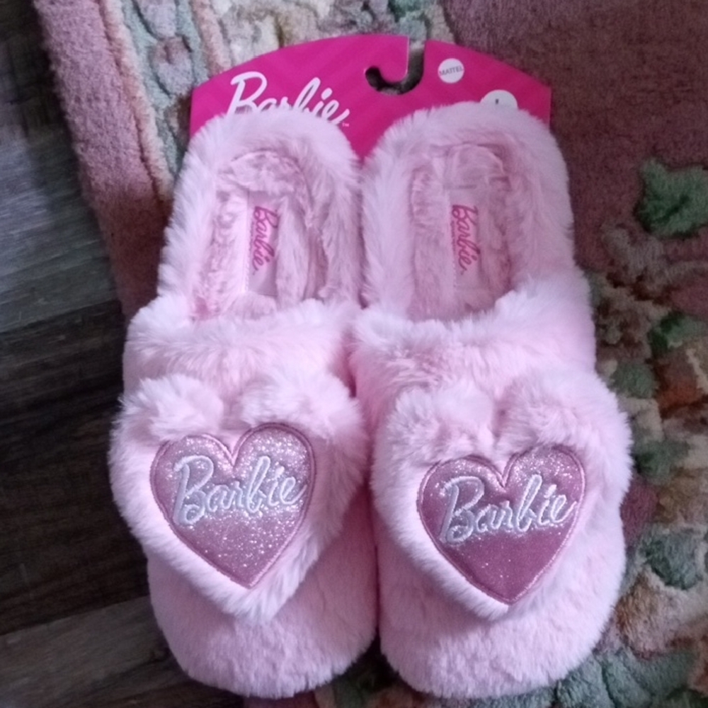 Barbie Pink Heart Fuzzy Slippers